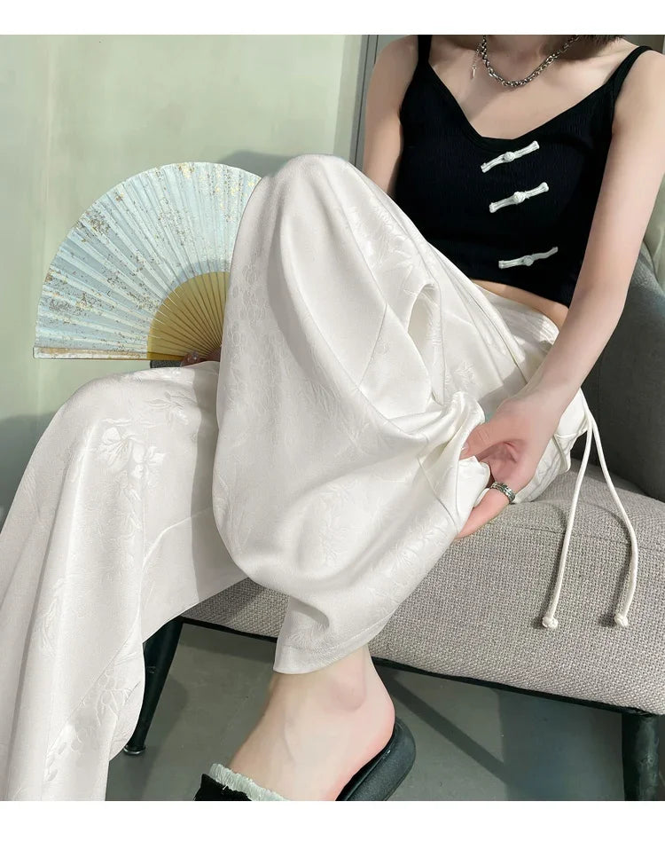 Chinese Style Jacquard Wide Leg Satin Pants – Women